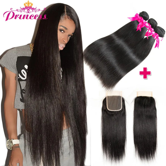 Straight Hair 3 Bundles With Lace Closure Double Weft Remy Human Hair