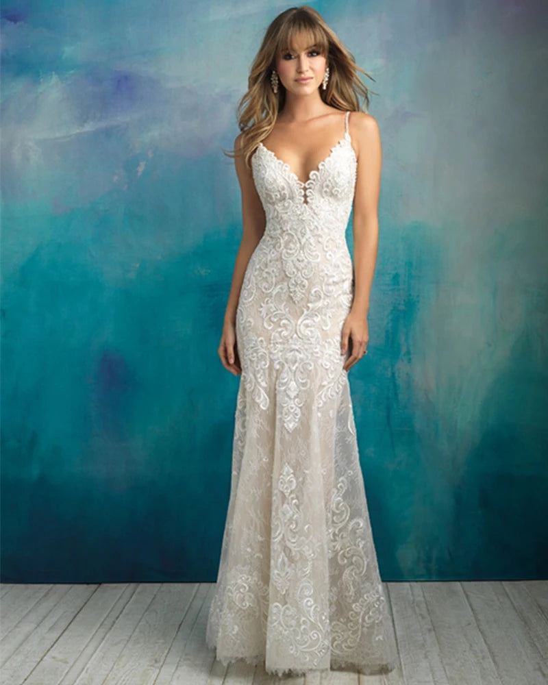 Spaghetti Straps V-Neck Backless Beading Mermaid Wedding Dress