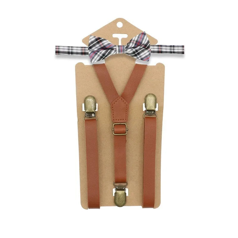 Y Back Kid Brown Tan Leather Suspender and Bow Tie Ring Bowtie Set