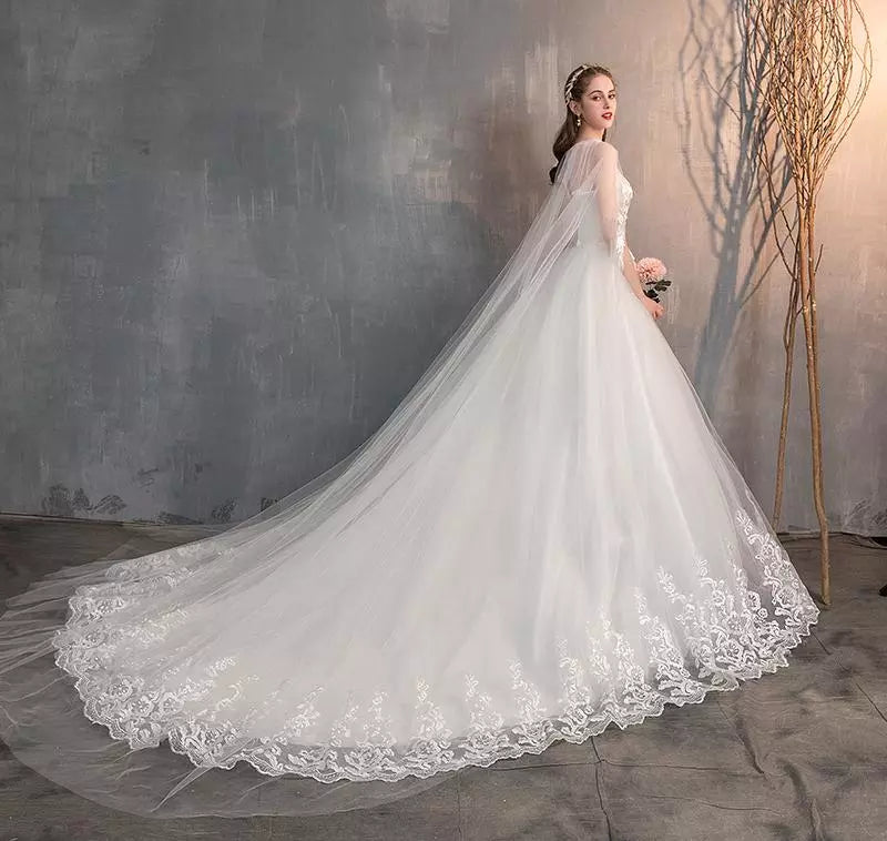 Wedding Dress With Long Cap Lace Wedding Gown With Long Train Embroidery