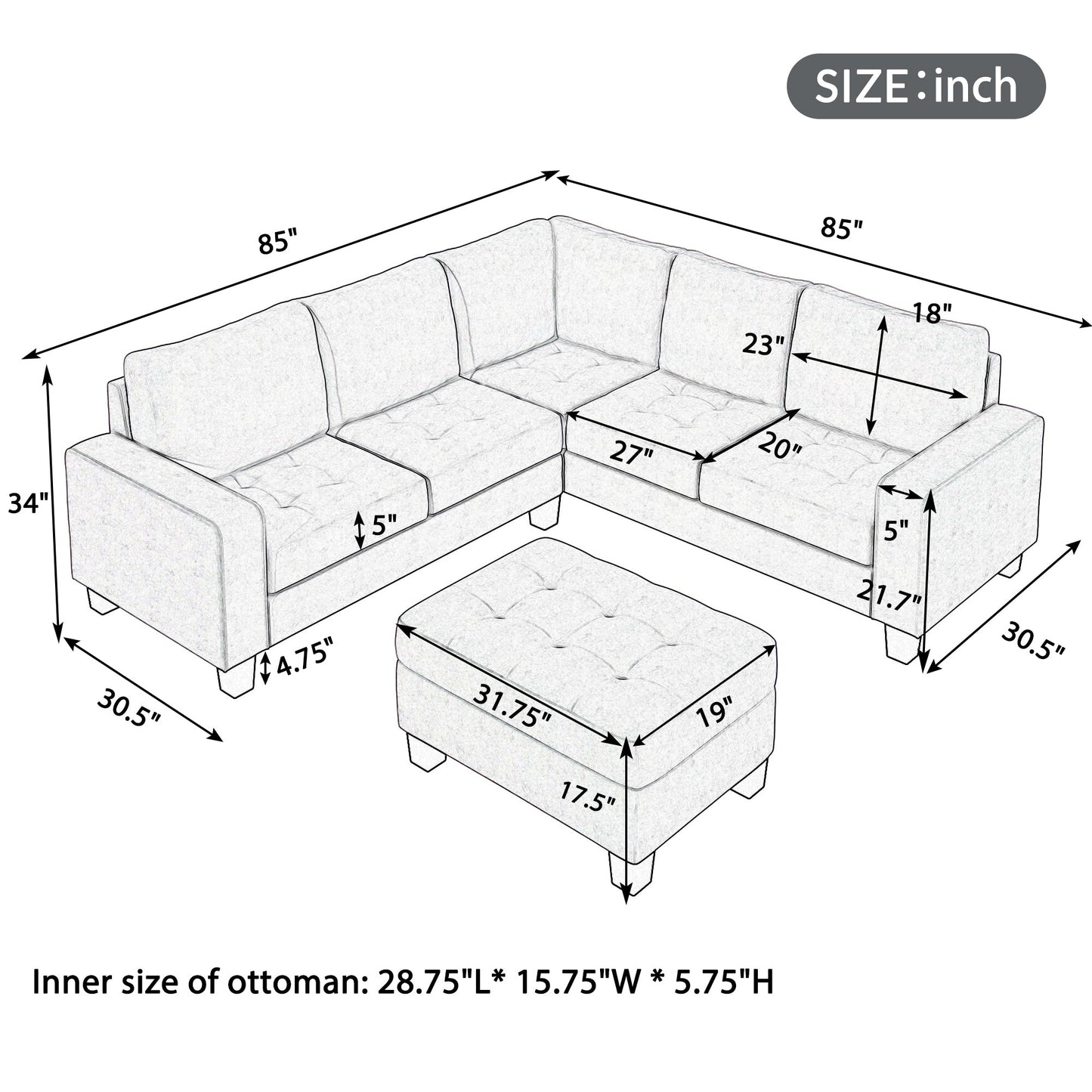 Sectional Corner Sofa L-Shape Couch