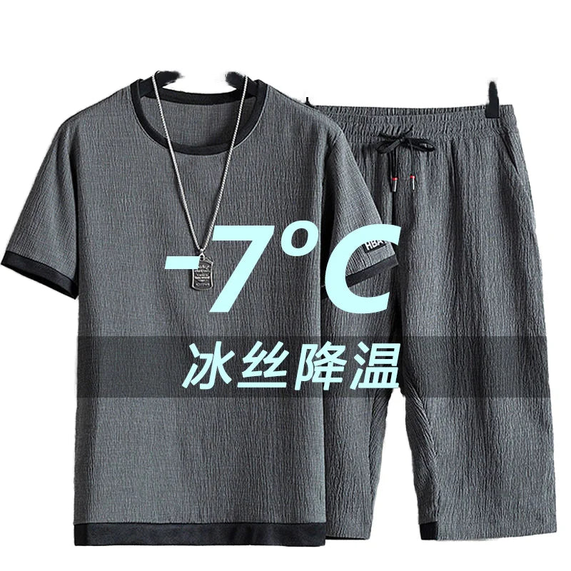 Men's Two Pieces Sets Solid Color Elastic Short Sleeve Loose Men's Oversize Sets