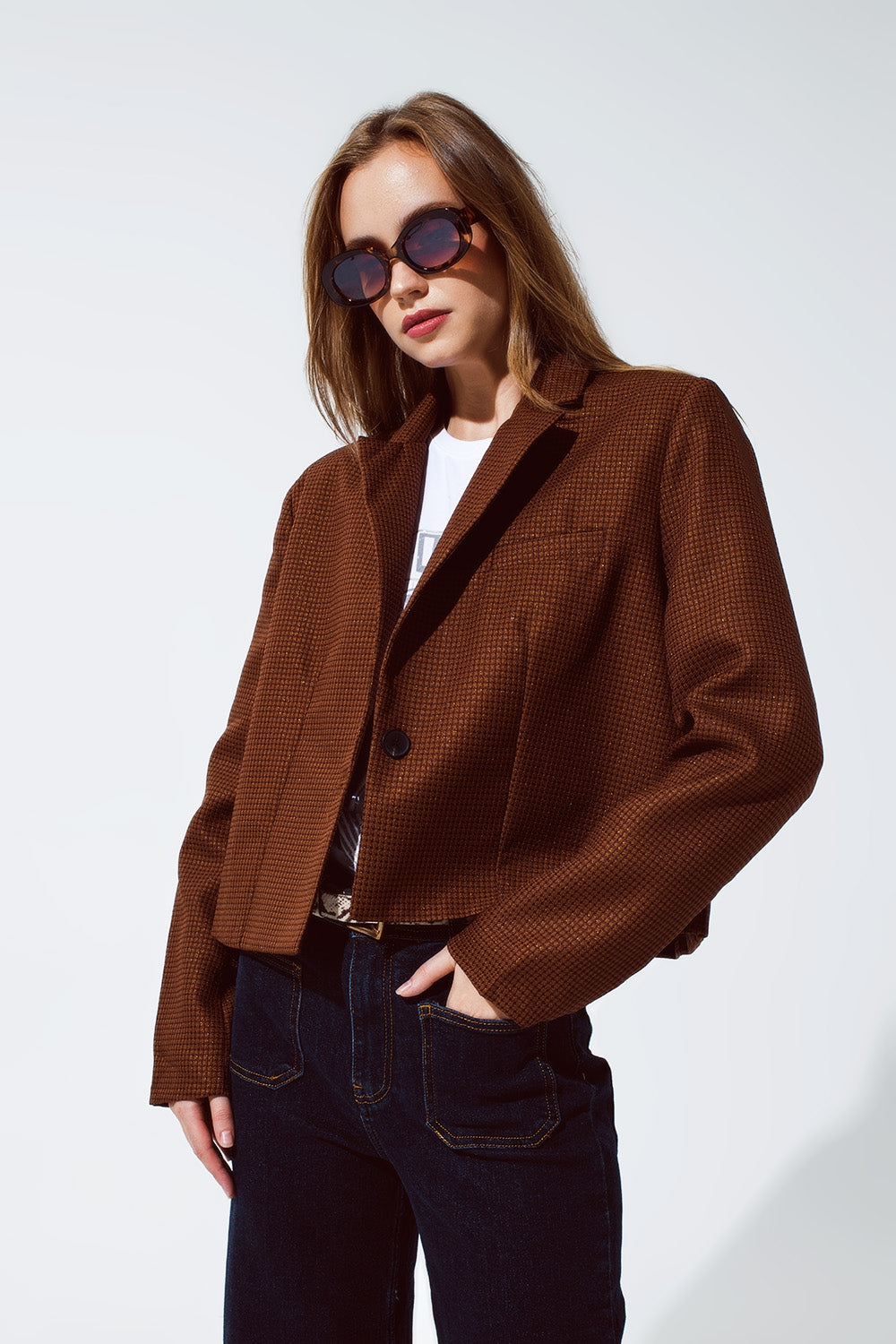 Oversized Cropped Blazer Vichy Design and Metallic Details in Brown