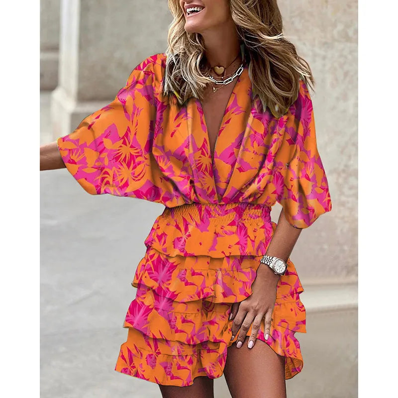 Women Dress Casual Explosive Spring Bat Sleeve V-Neck  Dress Women's Dress