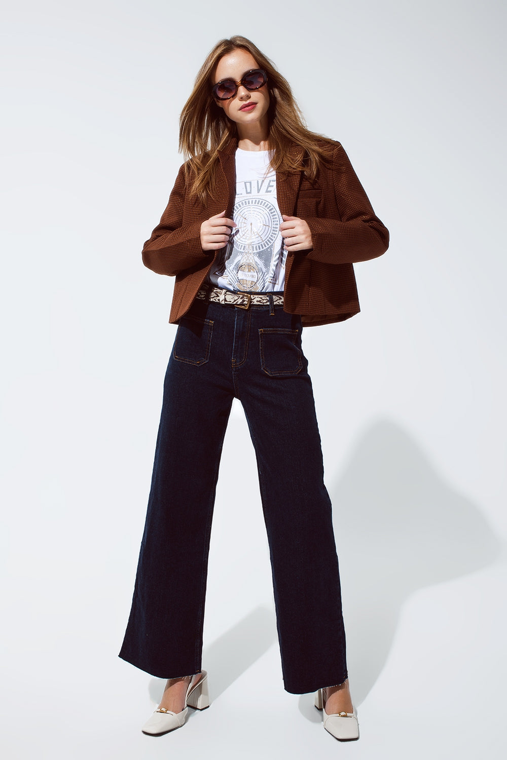 Oversized Cropped Blazer Vichy Design and Metallic Details in Brown