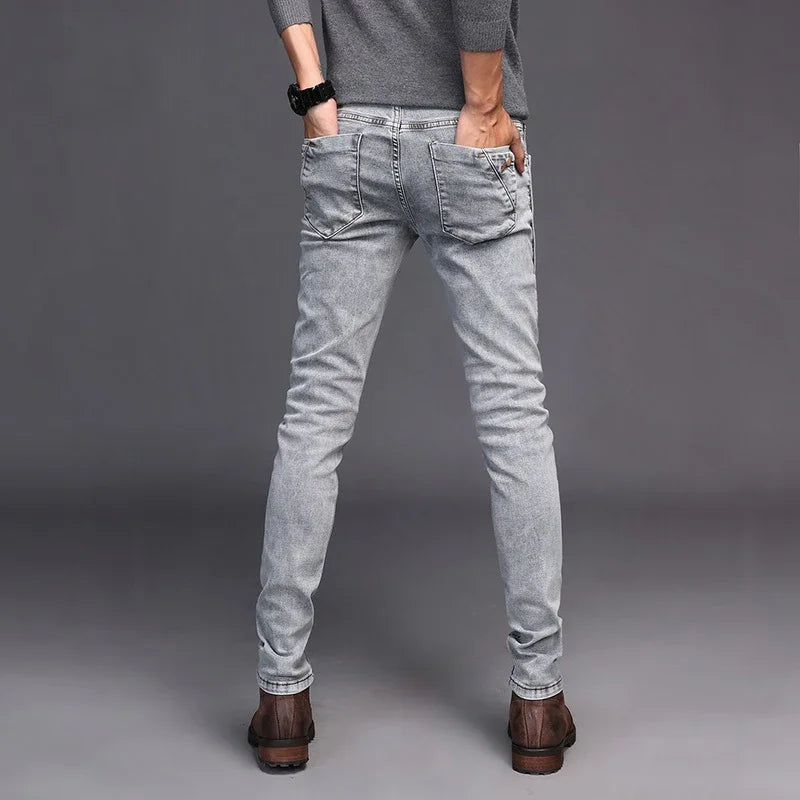 Streetwear Skinny Slim Fit Button Denim Pant Male Trouser Black Blue