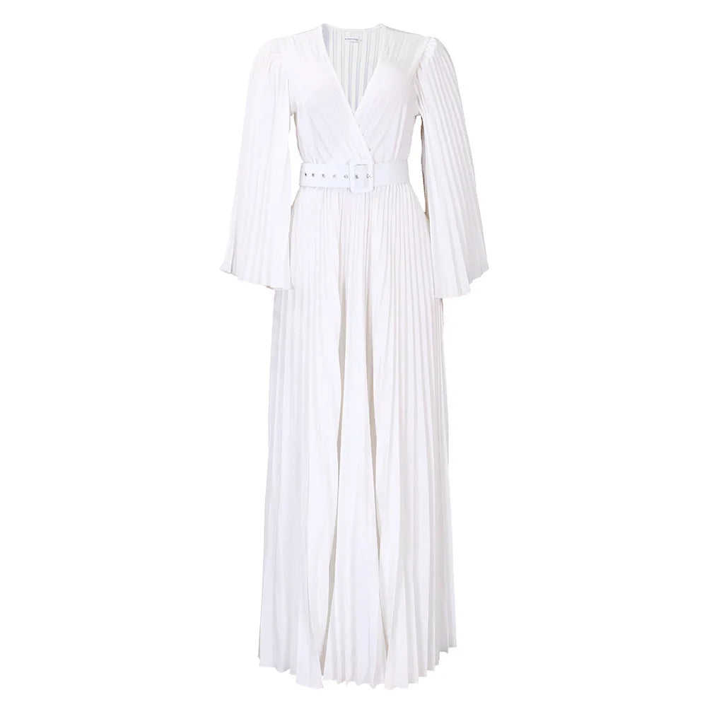 Women Chiffon Pleated Dress High Waist Floor Length Long Sleeve Deep v Dresses