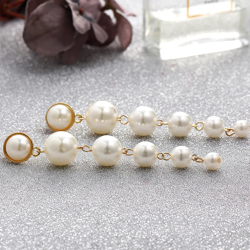 Trendy Vintage Long Simulated Pearl Dangle Clip on Earrings