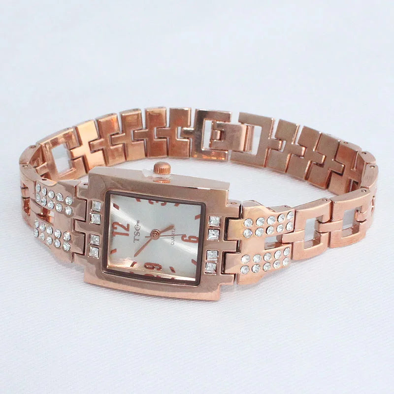 Women Office Ladies Rose Gold Stainless Steel Quartz Wristwatch