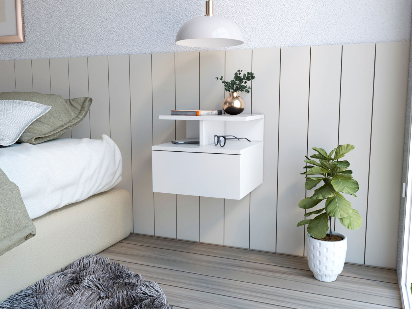 Nightstand Floating Flopini with 1-Drawer and Shelves -White