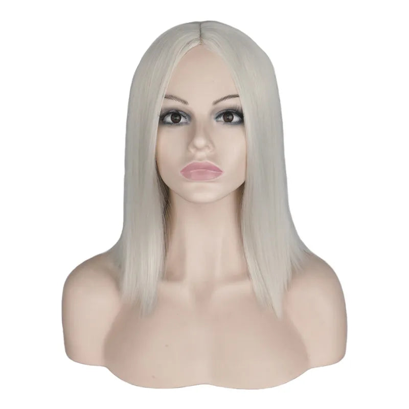 Short Bob Wig Straight Sliver White Blonde Fiber Synthetic Hair Wigs