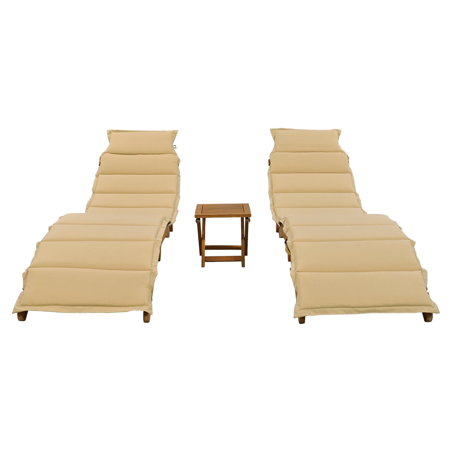 Outdoor Patio Wood Portable Extended Chaise Lounge Set With Foldable Tea Table