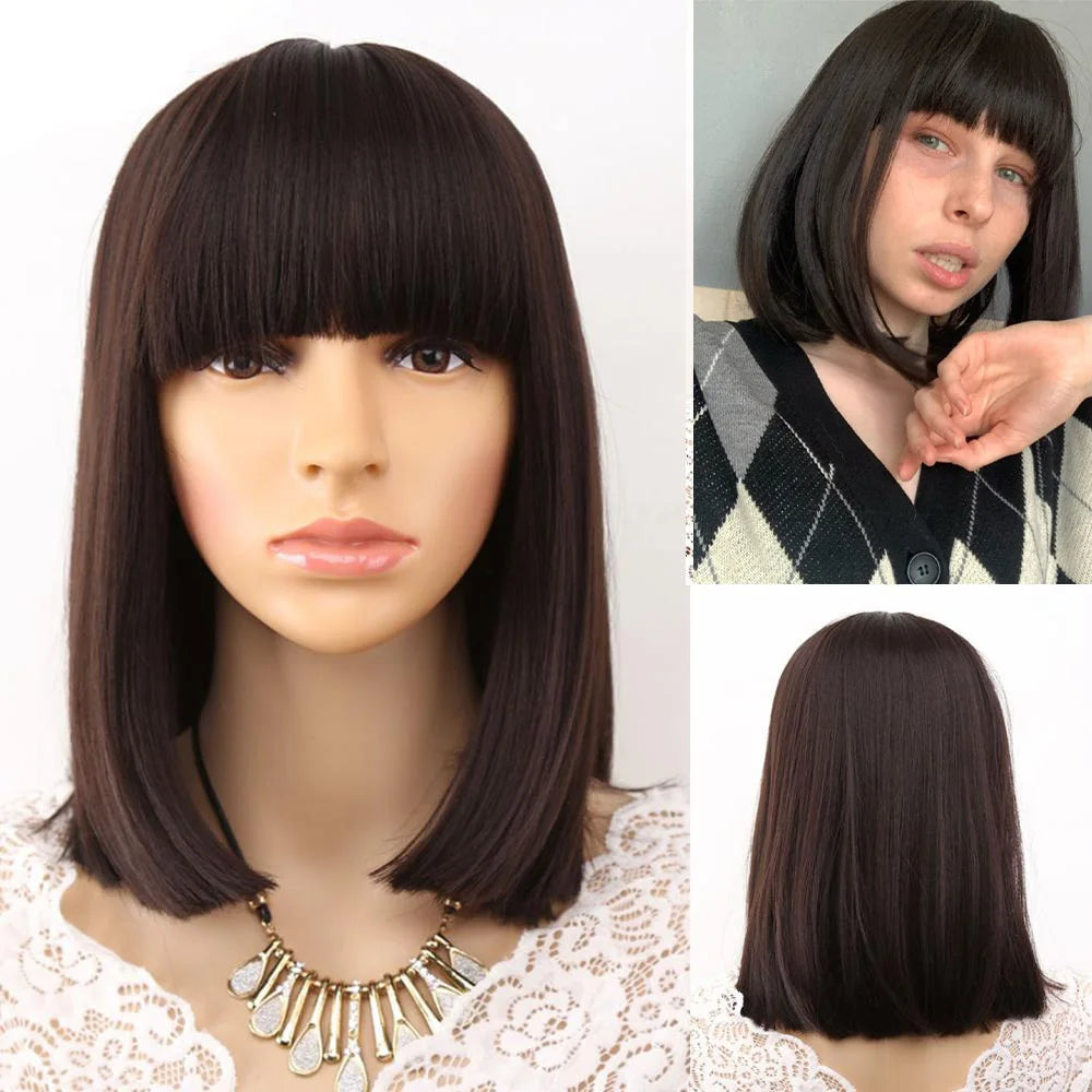 Straight Black Synthetic Wigs With Bangs Hair Bob Wig Heat Resistant