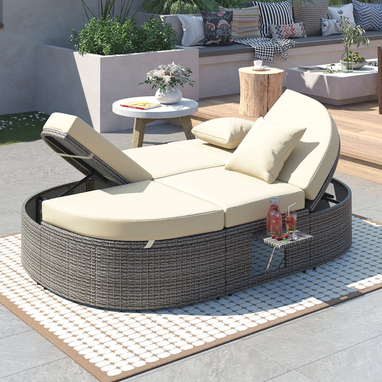 Outdoor Sun Bed Patio 2-Person Daybed With Cushions and Pillows