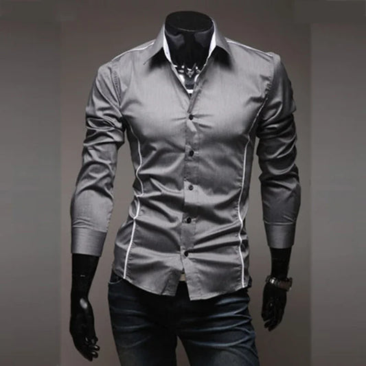 Slim Fit Mens Striped Shirts Long Sleeve Gray Male Striped Shirts