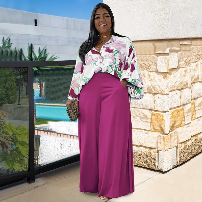 Plus Size Women's Clothing Loose Casual Printed Shirt Top Wide Leg Pants Set