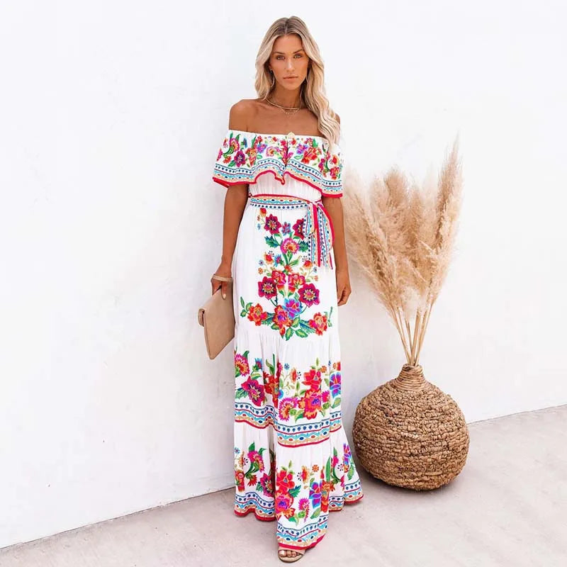 Summer Floral Print Off Shoulder Women Mexican Dress