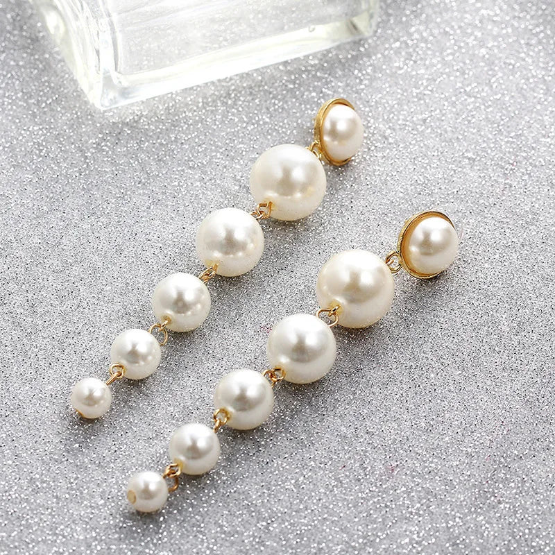 Trendy Vintage Long Simulated Pearl Dangle Clip on Earrings