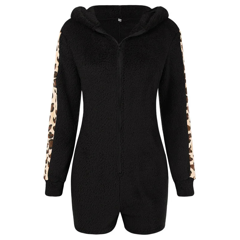 Tight Hooded Pajamas Autumn Winter Leopard Print Jumpsuit