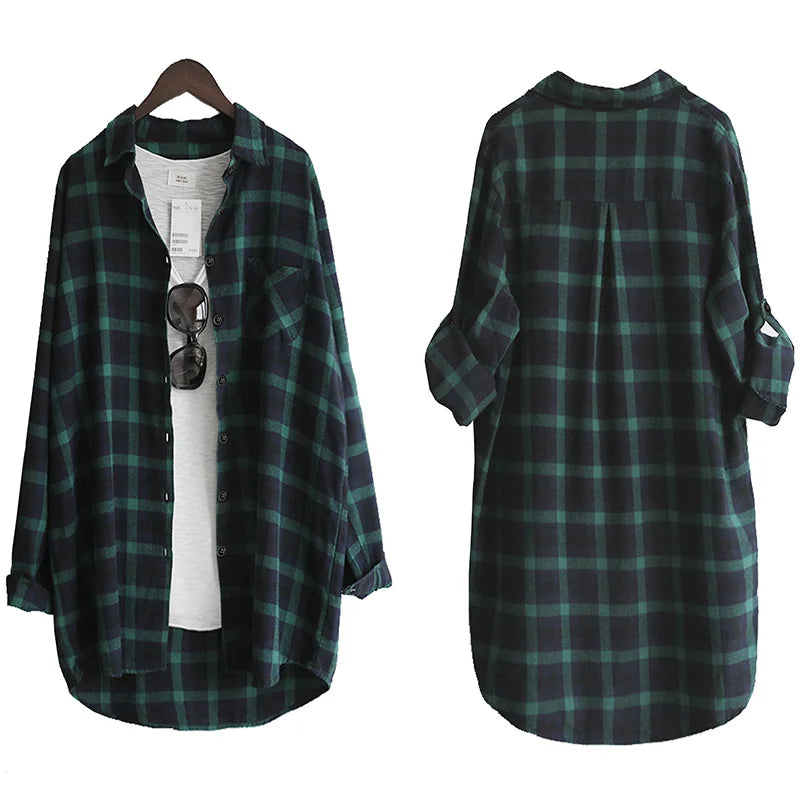 Women Blouse Shirt Loose Casual Plaid Shirts Long Sleeve BLOUSE