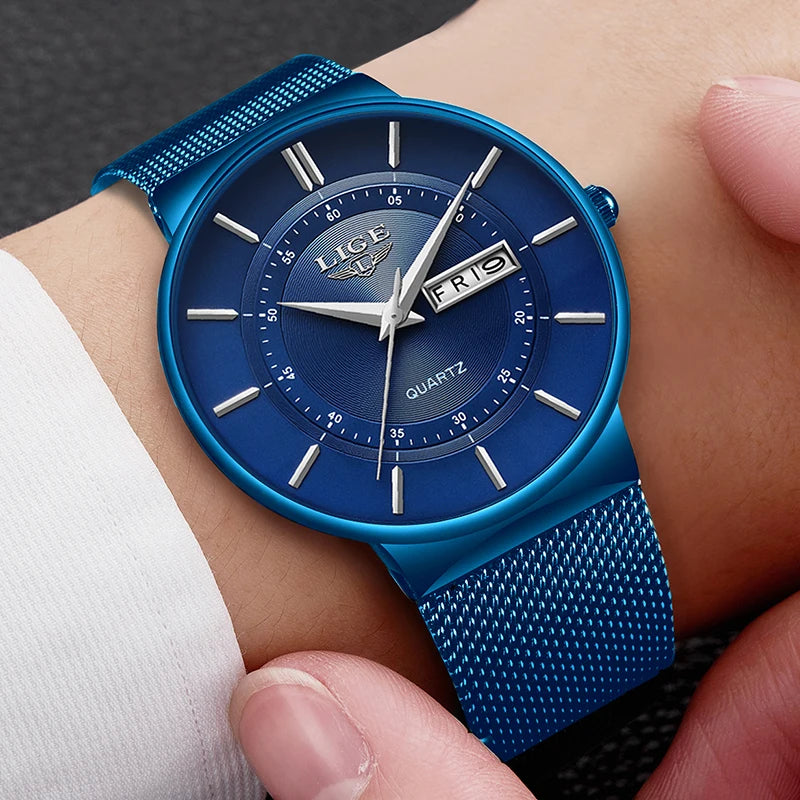 New Blue Quartz Clock LIGE Mens Watches Waterproof Wrist Watch Reloj Hombre