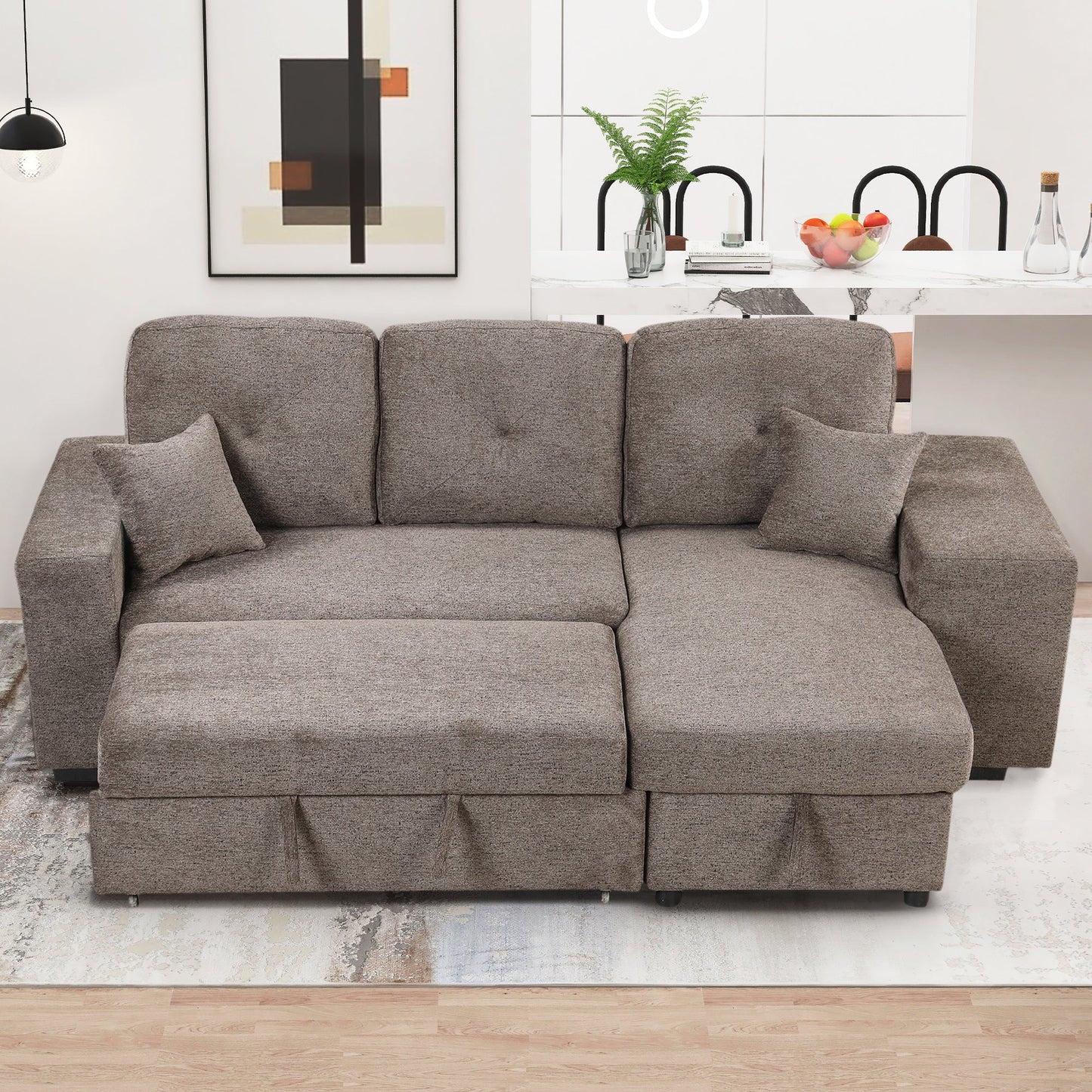 Reversible Sleeper Sectional Sofa Bed With Side Shelf and 2 Stools