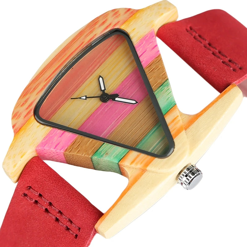 Wood Watch Creative Triangle Shape Dial Hour Clock Women Quartz Leather