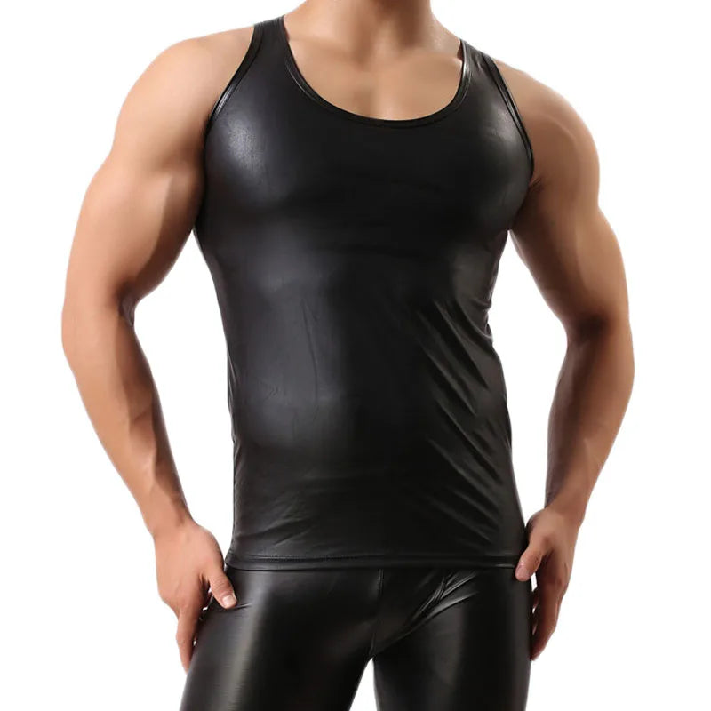 Sexy Men's T-Shirt Black Faux Leather Short Sleeve PU Undershirt Tank Top Vest