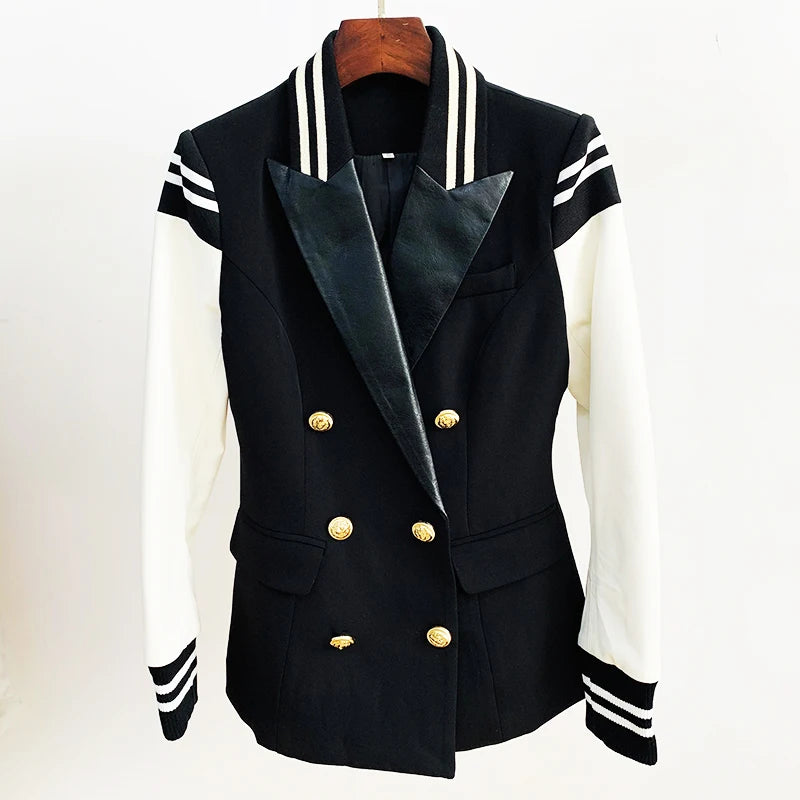 Varsity Jacket Women's Lion Buttons Double Breasted Leather Sleeve Blazer