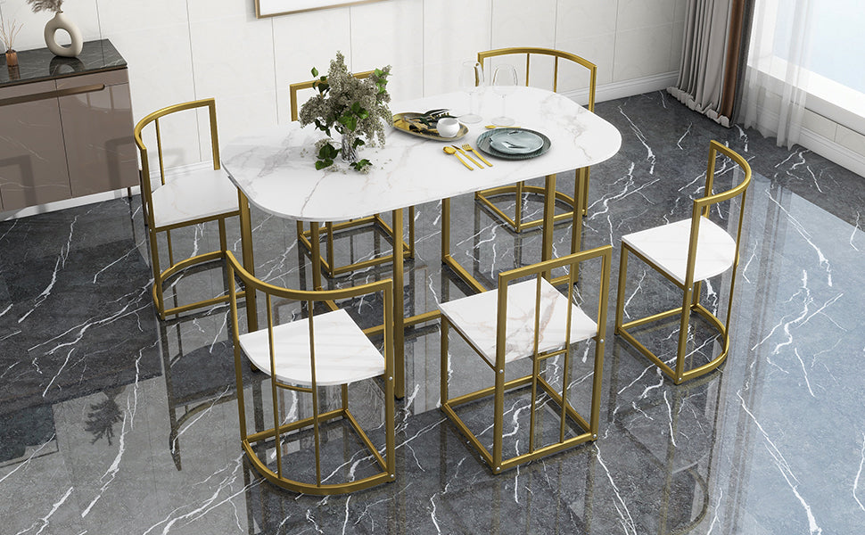 Modern 7-Piece Dining Table Set With Faux Marble Compact 55Inch