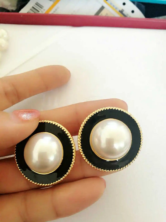 Round Pearl Black Enamel Cute Fashion Clip Earrings Statement Ear Jewelry