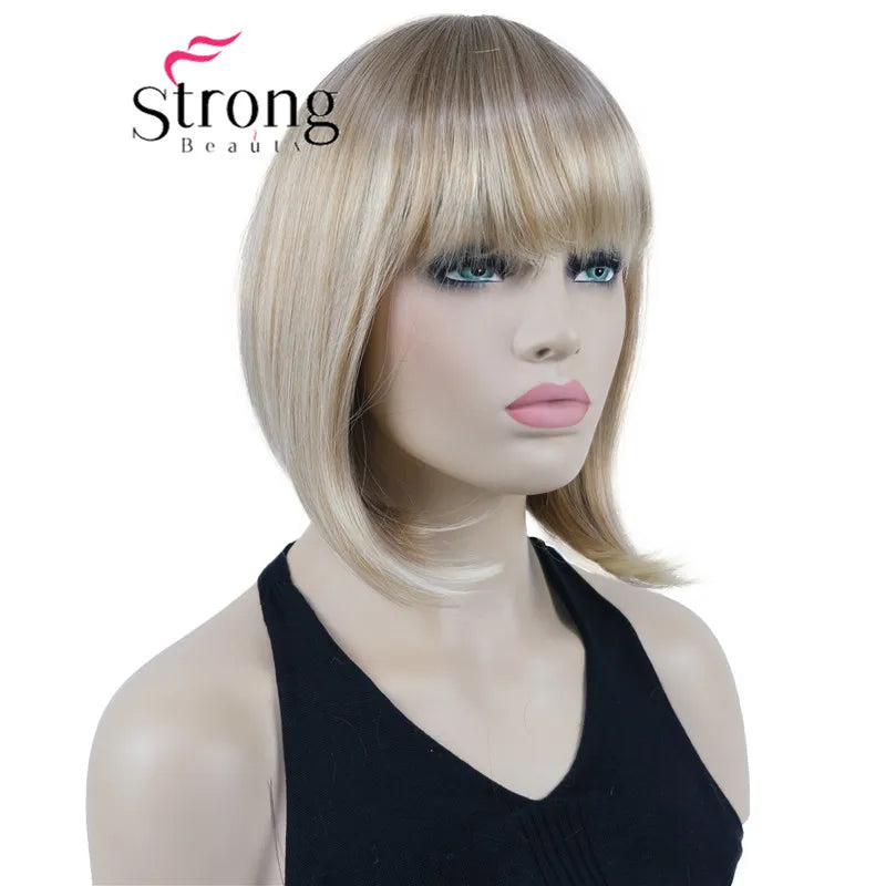 Short Straight Blonde Highlighted Bob With Bangs Synthetic Wig