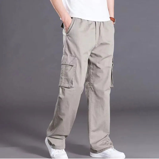 Men's Casual Trousers Cotton Overalls Elastic Waist Full Len Multi-Pocket  Pants