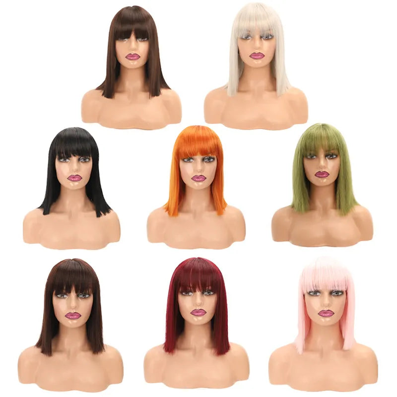 Synthetic Straight Short Bob Wigs With Bangs