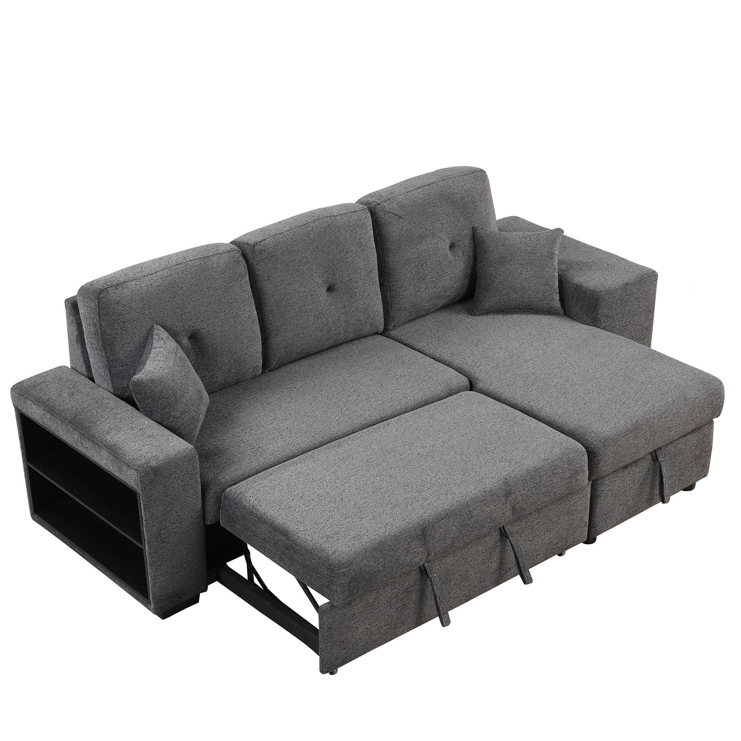 Reversible Sleeper Sectional Sofa Bed With Side Shelf and 2 Stools