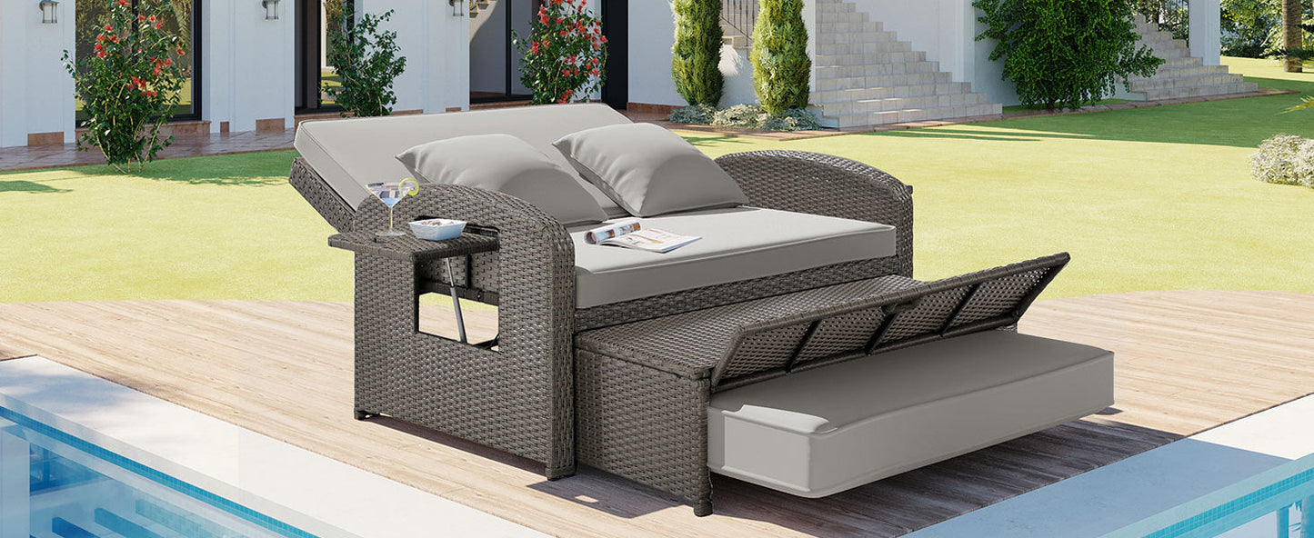 PE Wicker Rattan Double Chaise Lounge, 2-Person Reclining Daybed