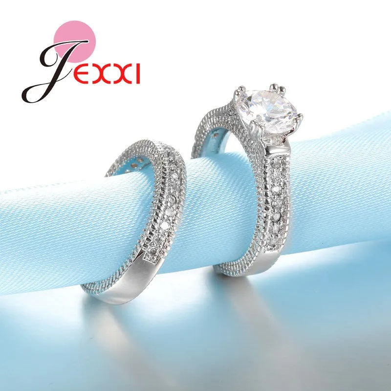 Stamped Silver Needle Ring Sets 2 PCS  Crystal Heart Stone Rings