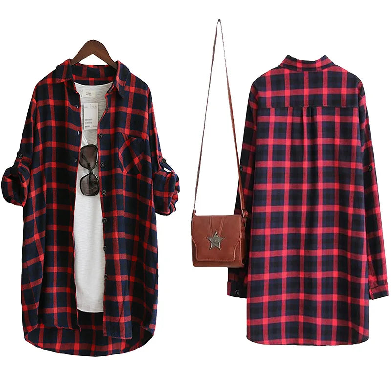 Women Blouse Shirt Loose Casual Plaid Shirts Long Sleeve BLOUSE