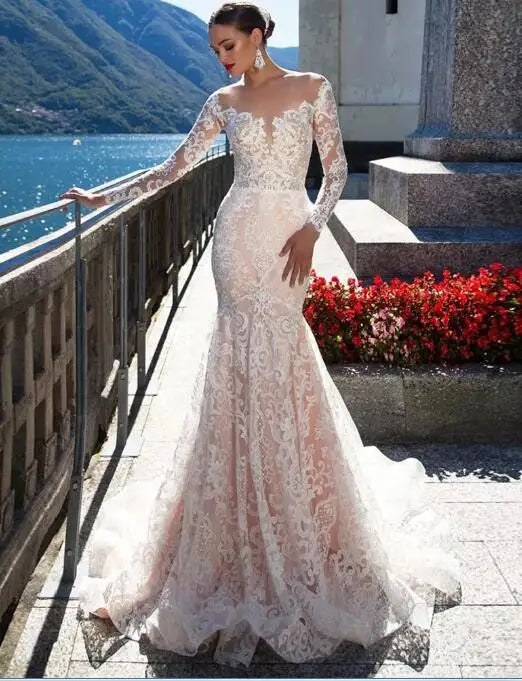 Mermaid Wedding Dress Long Sleeve Sexy  See Through Back Abito Sposa