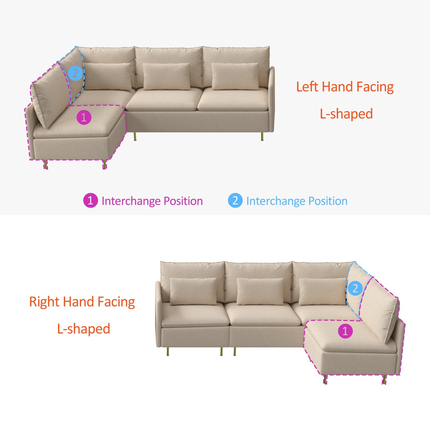 Modular L-Shaped Corner Sofa, Movable Chaise Facing Left/Right