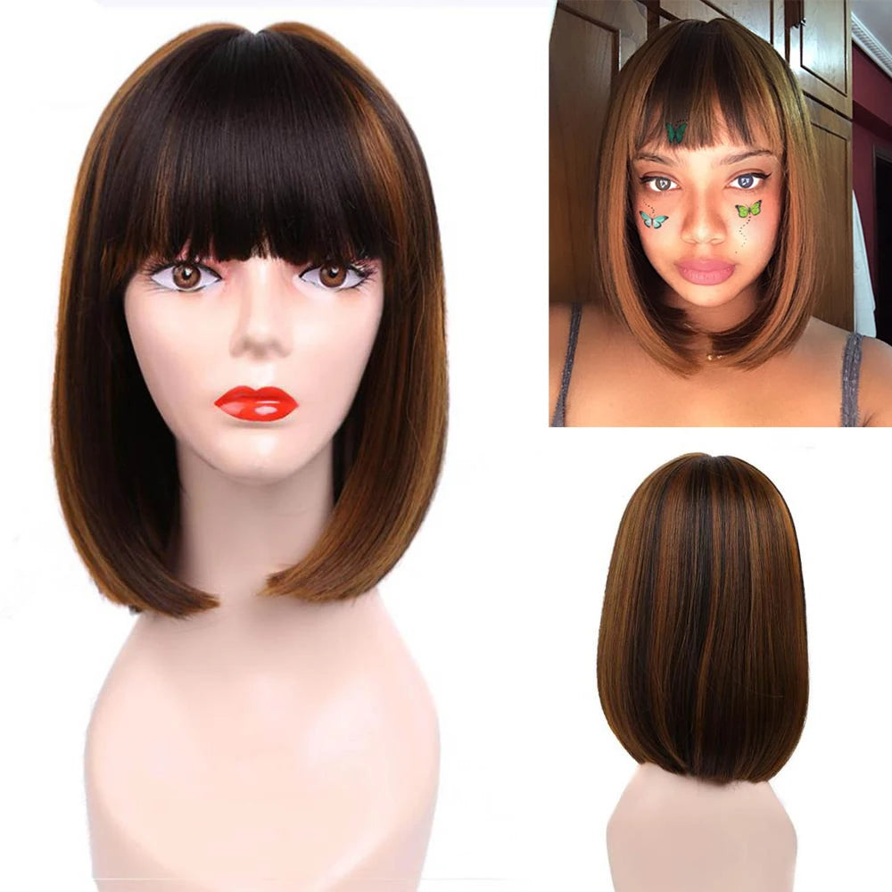 Straight Black Synthetic Wigs With Bangs Hair Bob Wig Heat Resistant