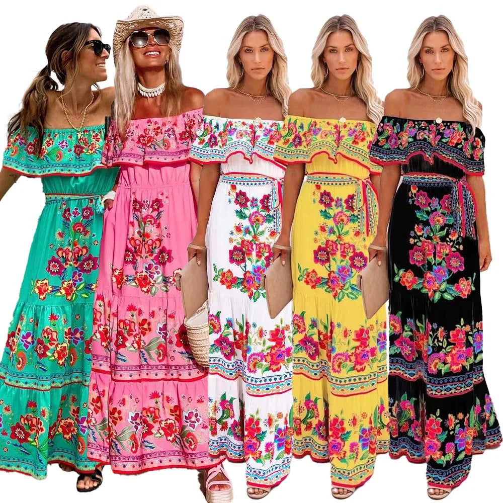 Summer Floral Print Off Shoulder Women Mexican Dress