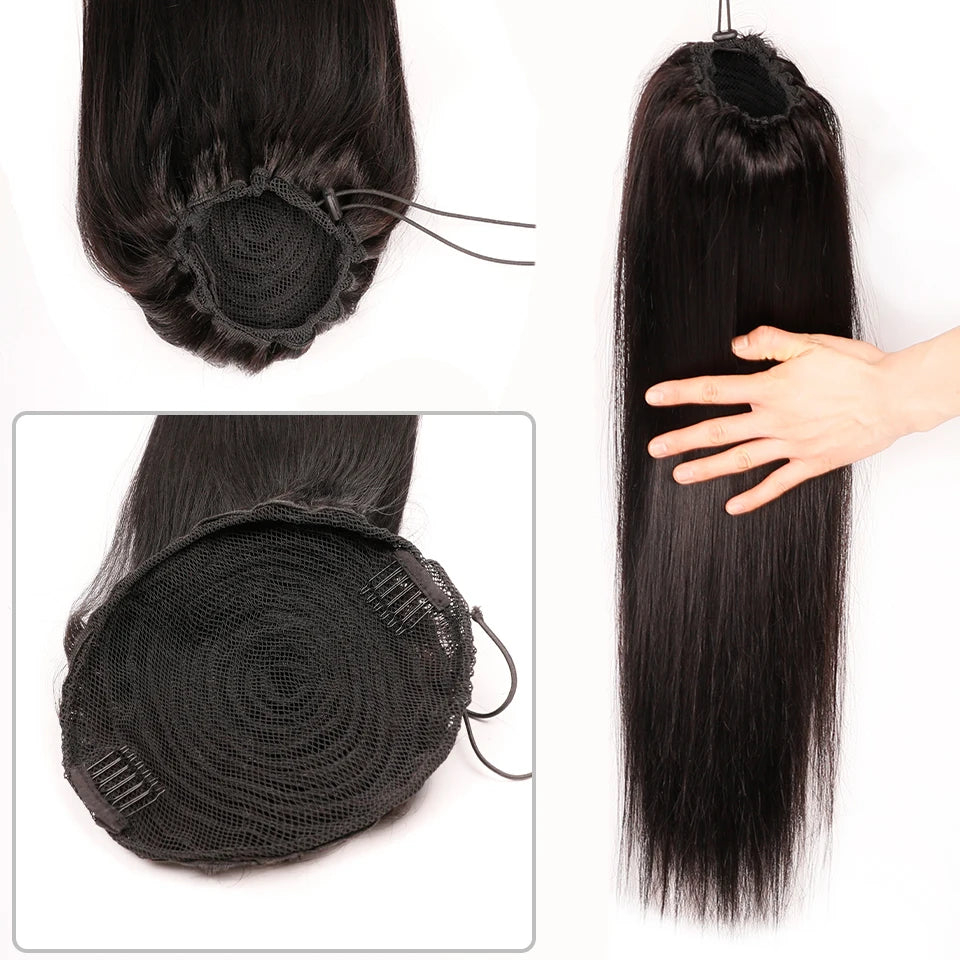 Straight Drawstring Ponytail Human Hair Brazilian Pony Tail