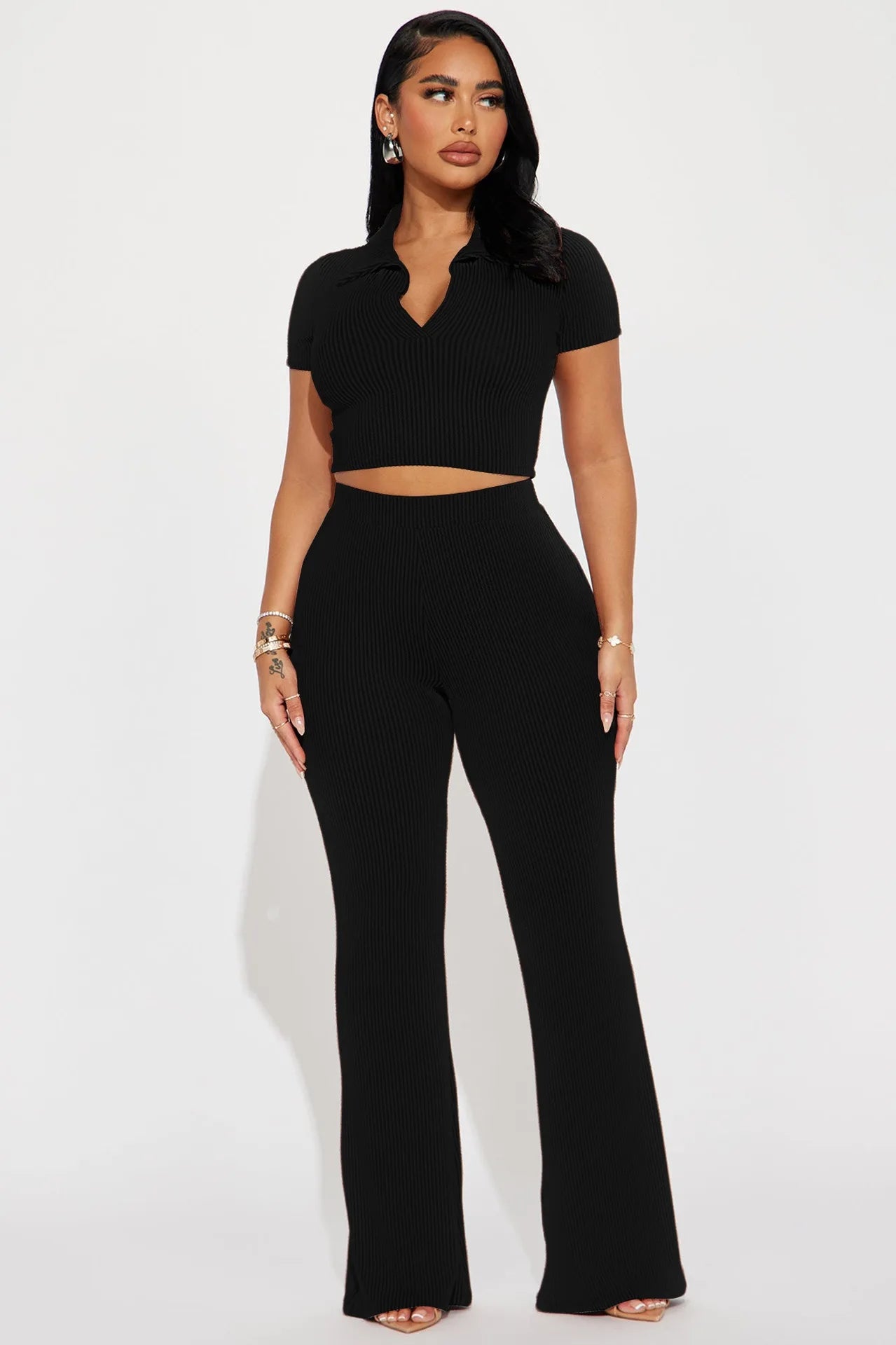 Summer Women's O Neck Short Sleeve Two Piece Sets Wide Leg Pant Suit