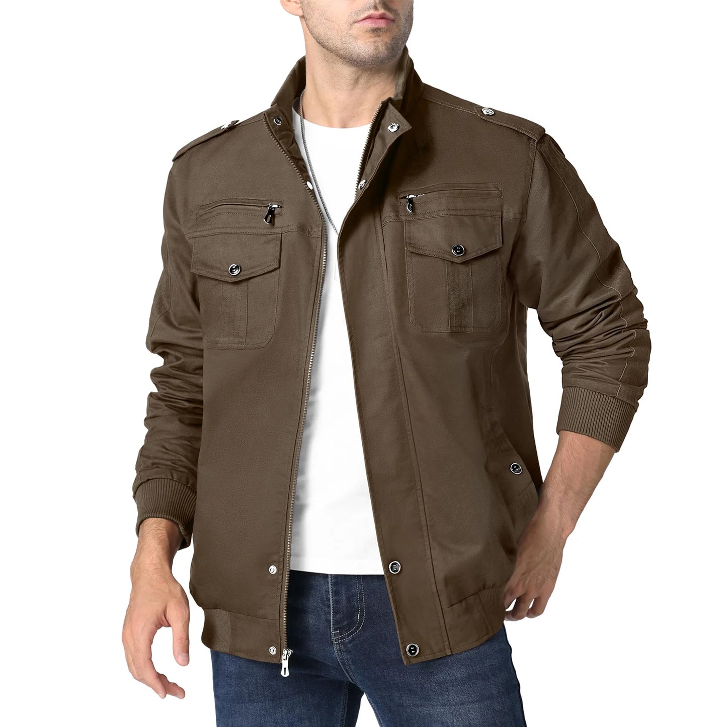 TACVASEN Pilot Bomber Jacket Coats Mens Cotton Cargo Jackets With Zipper Pockets