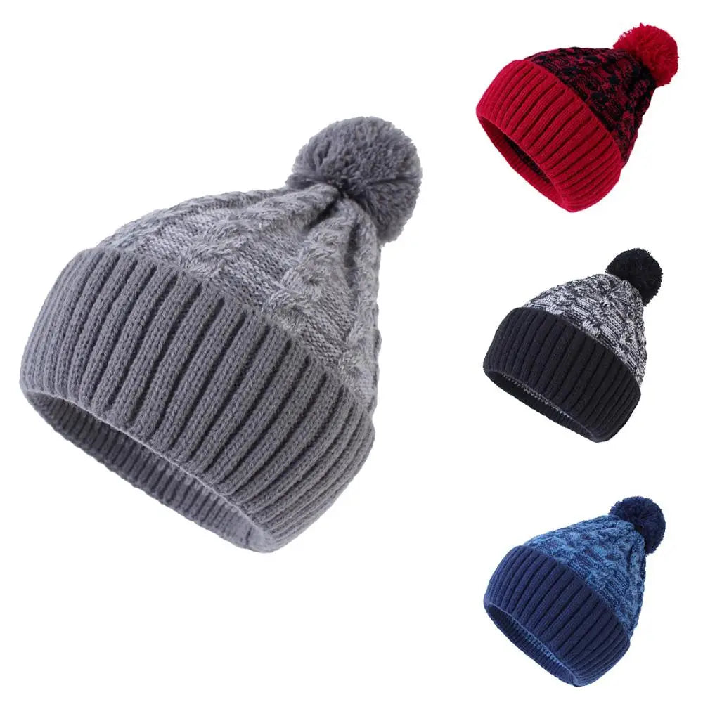 Thick Knitted Warm Earflap Cuff Beanie Hats With Pom