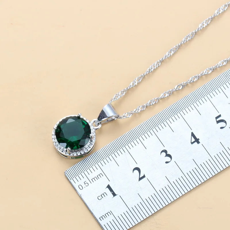 Silver Jewelry Sets Green Cubic Zirconia Necklaces Pendants Earrings and Ring