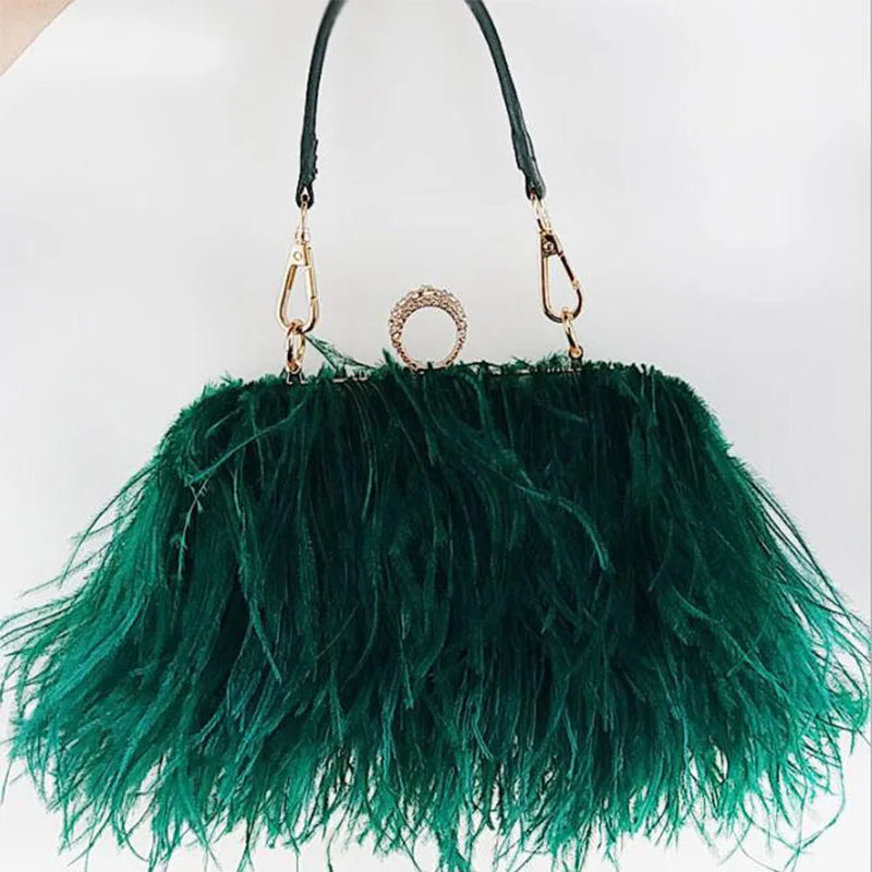 Ostrich Fur Feather Wallet Clutch Bag  Evening Bag Chain Purse