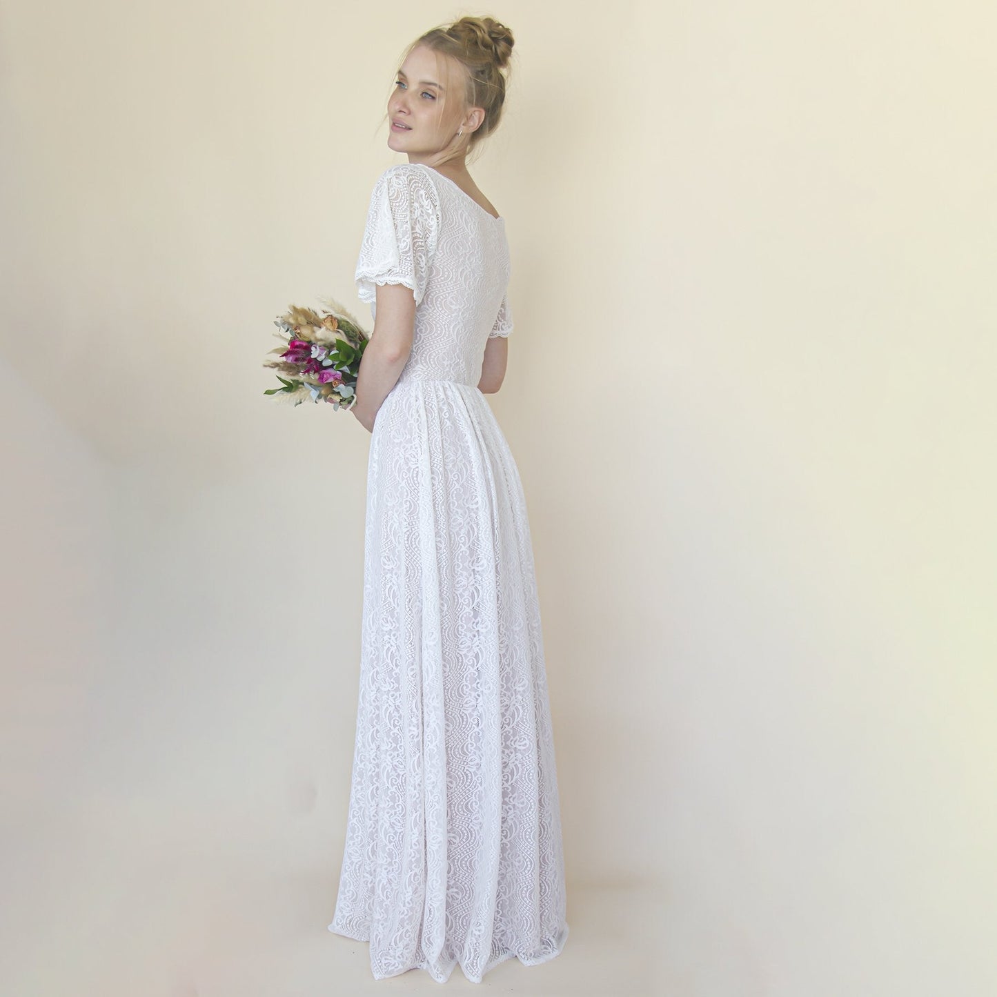 Vintage Lace Wedding Dress, Short Sleeves Modest Pearly Wedding Dress #1346