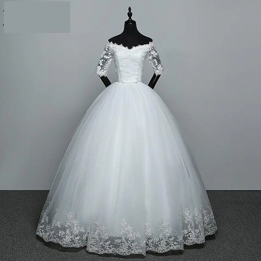 Wedding Dress Flowers Butterfly Embroidery Lace Boat Neck Princess Wedding Gowns